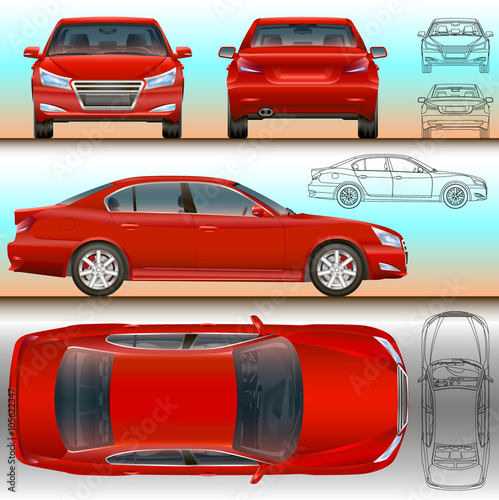 car red set illustration all view color and outline drawing