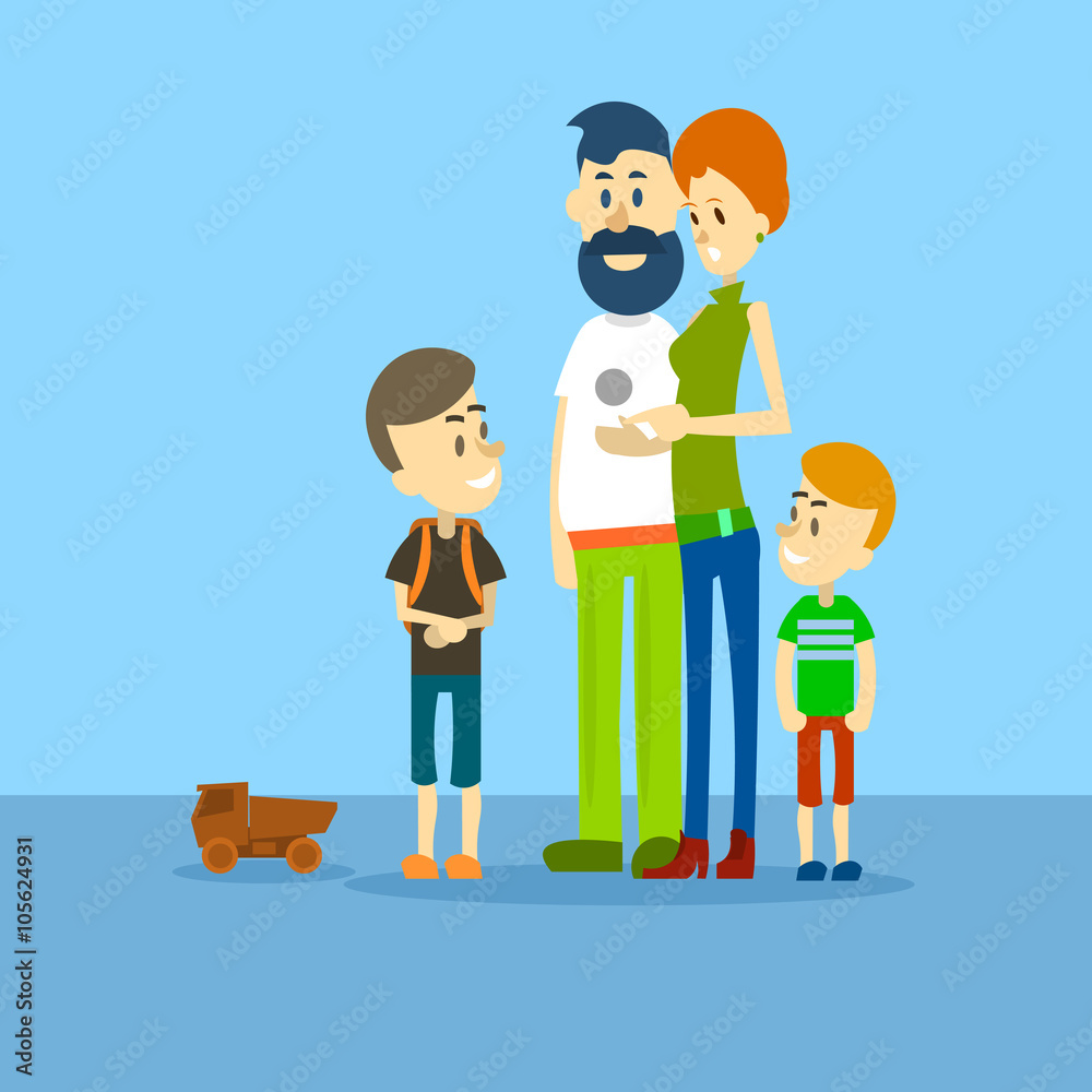 Big Family Father Mother Two Children Sons Flat Big Family Father Mother Two Children Sons Flat