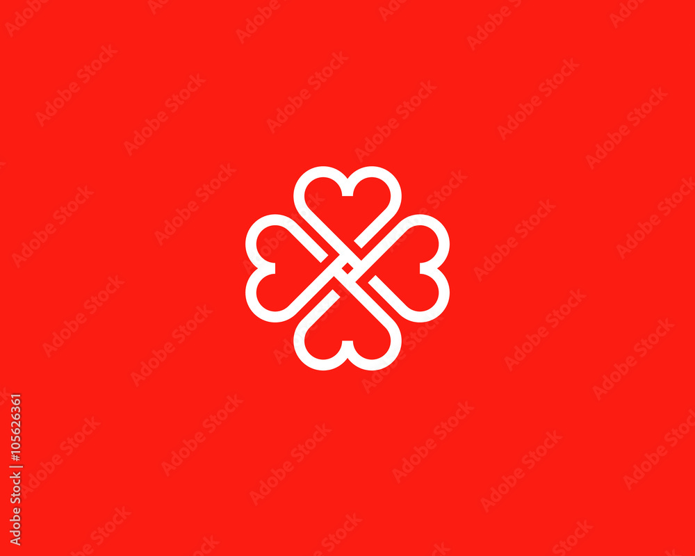 Four hearts social vector symbol. Heart cross logotype. Abstract line flower leaf medical logo icon sign.