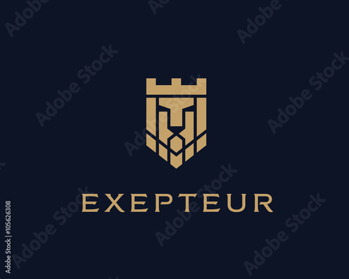 Lion face crown shield vector logotype. Heraldic premium logo icon sign. Universal company symbol.