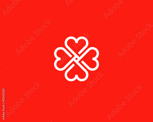 Four hearts social vector symbol. Heart cross logotype. Abstract line flower leaf medical logo icon sign.