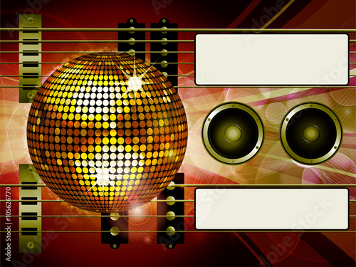 Air guitar and disco ball background with labels