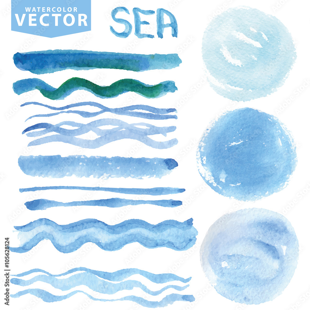 Fototapeta premium Watercolor stains,brushes,waves.Blue sea,ocean. Summer set