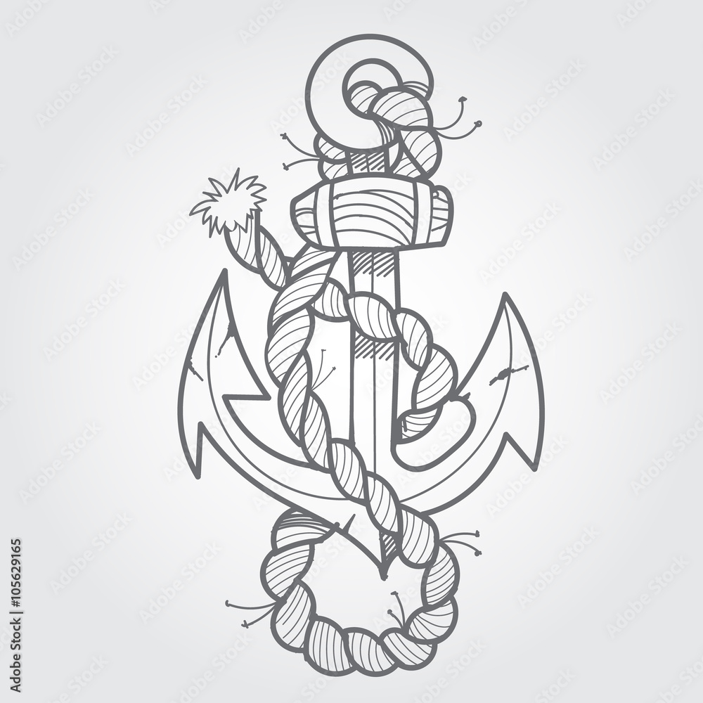 Anchor and rope. Black and white sketch of a tattoo. Anchor and rope. Black and white sketch of a tattoo.