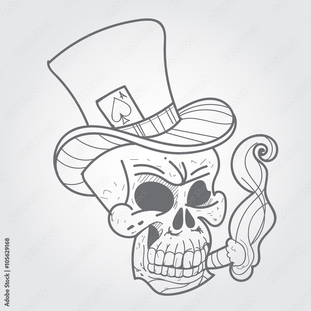 Skull with a cigar and ace of spades. Black and white sketch of a tattoo. Stock Vector