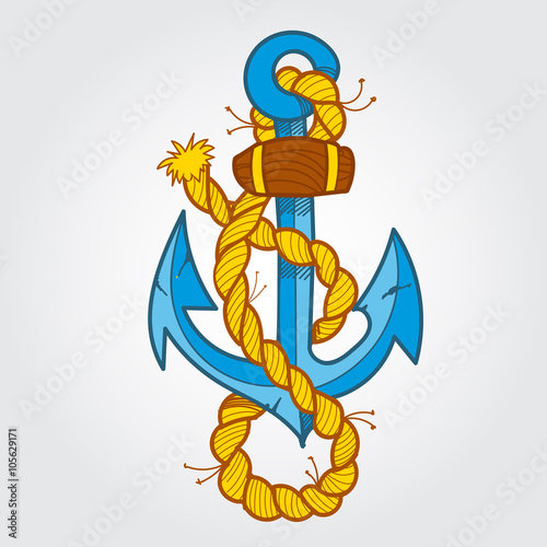 Anchor and rope. Color sketch of a classic tattoo.