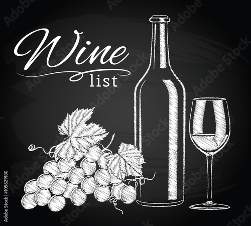 glass, bottle, wine, grapes on chalkboard