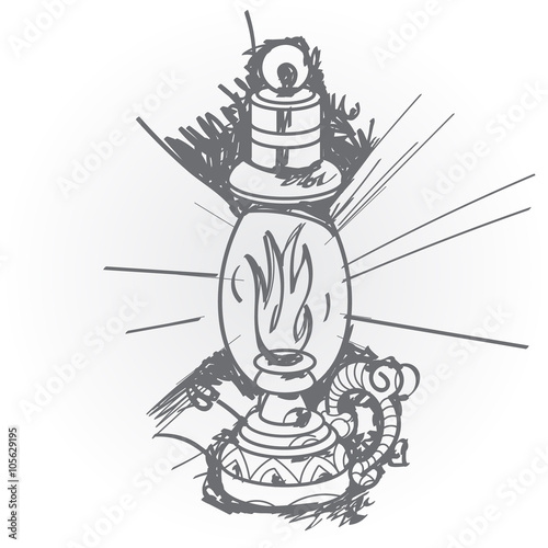 Kerosene lamp. Black and white sketch of a tattoo.
