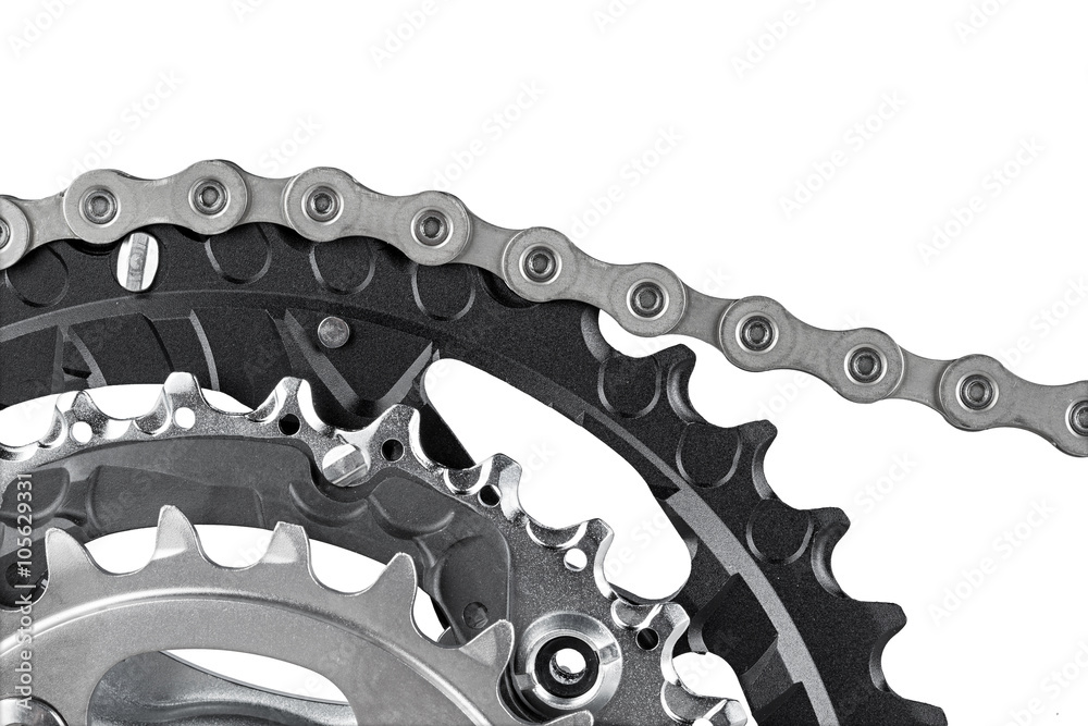 Fototapeta premium bicycle chain on gear of crank set isolated on white background