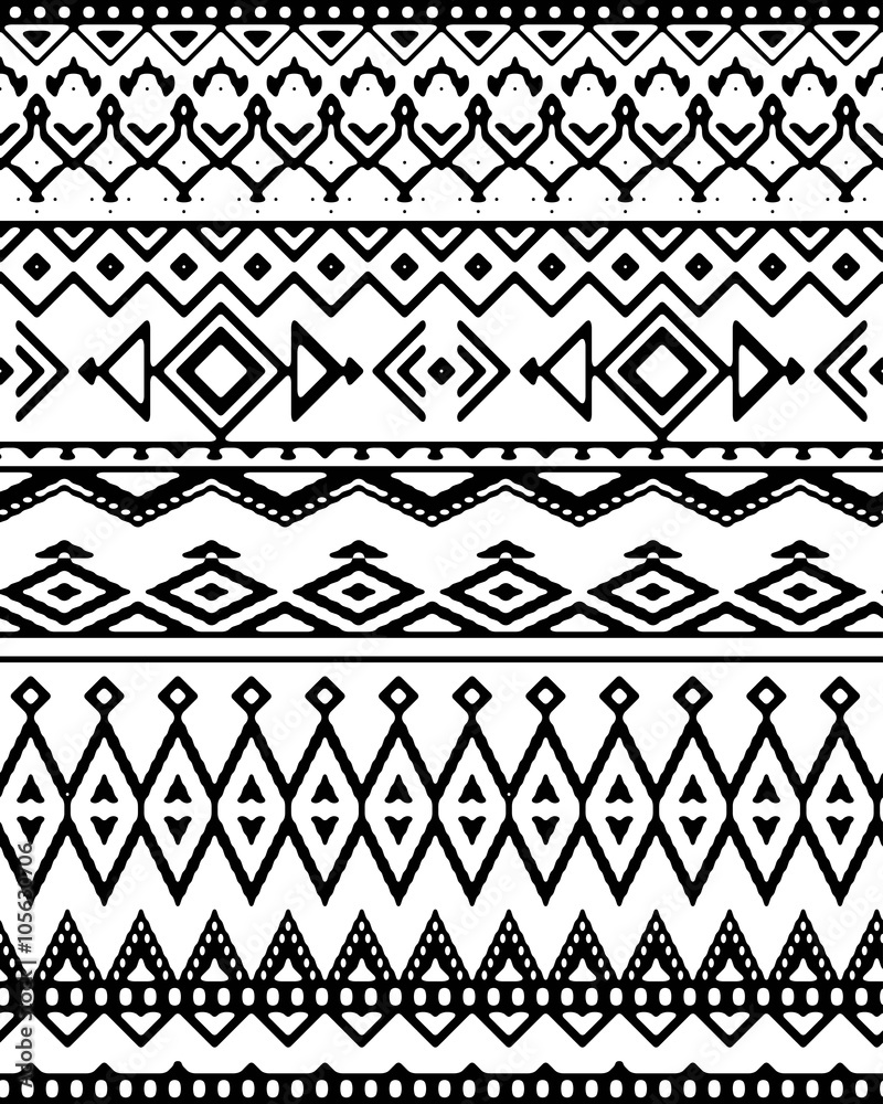 Seamless hand drawn chevron pattern with ethnic and tribal ornament. Vector black and white fashion illustration