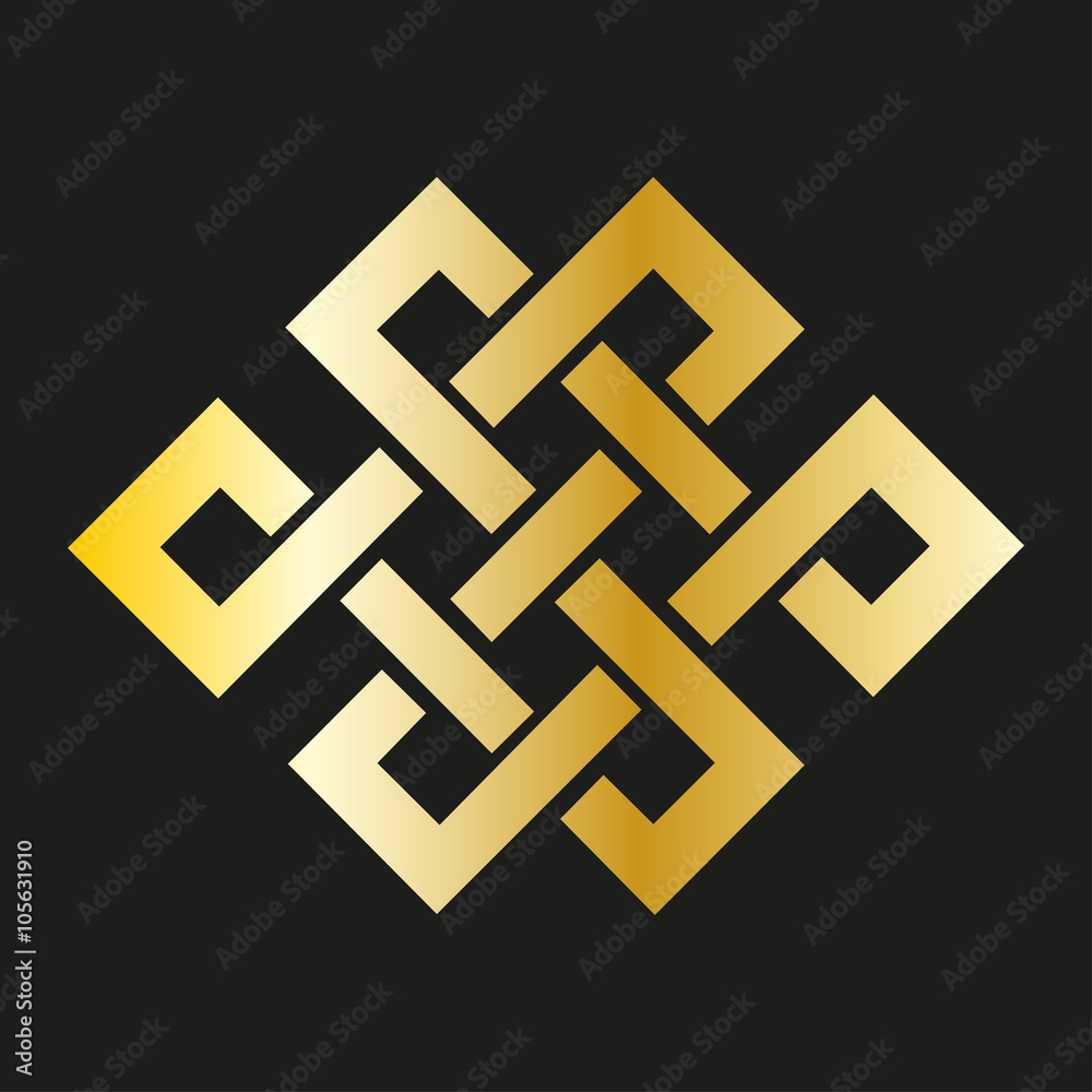 Icon endless knot in gold. Buddhist symbol