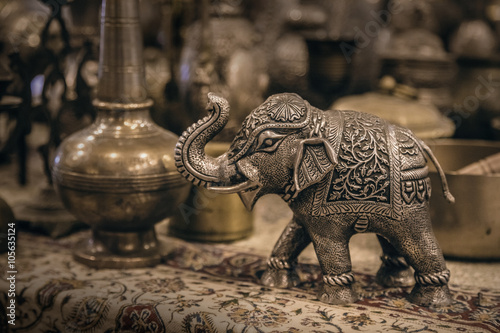 Detailed close-up elephant figurine made of metal. 