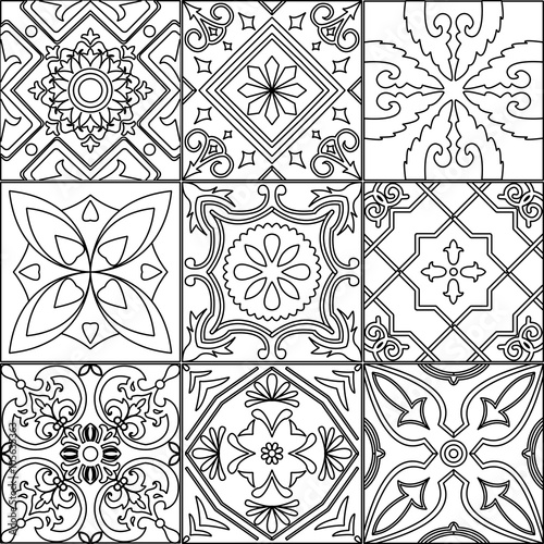 Set of 9 tiles in black and white.