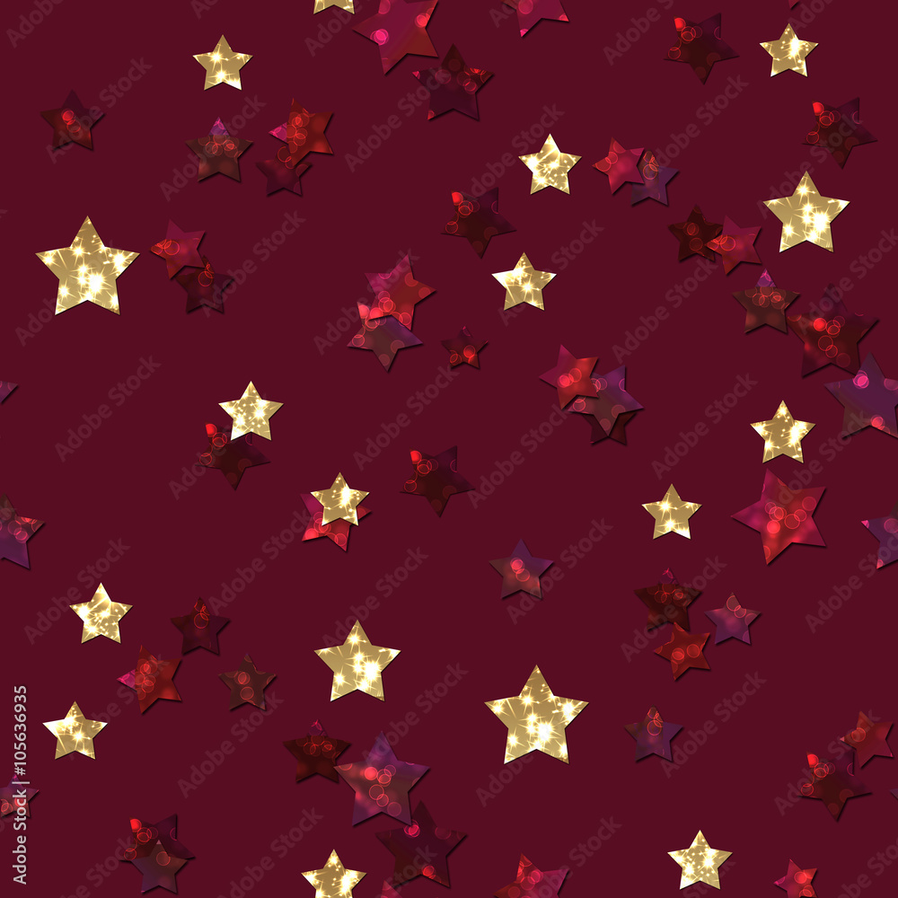 Pattern with glitter textured red and gold stars confetti on red