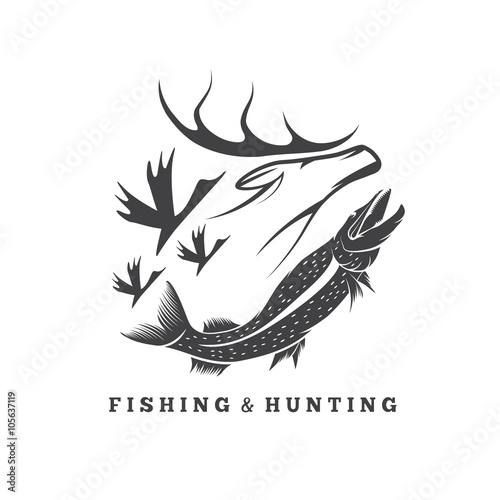 hunting and fishing vintage emblem vector design template