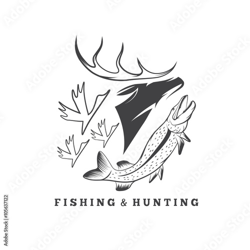 hunting and fishing vintage emblem vector design template