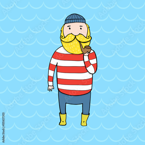 Cute bearded sailor with a pipe.