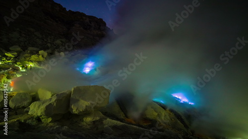 4K Timelapse. Blue flame of gas in the crater of the volcano Ijen. East Java, Indonesia - 25 July 2015