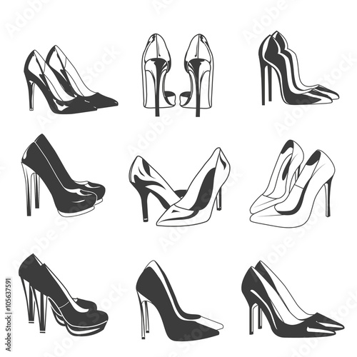 Vector set of woman shoes on heels. Fashion objects illustration isolated white background. Woman clothes