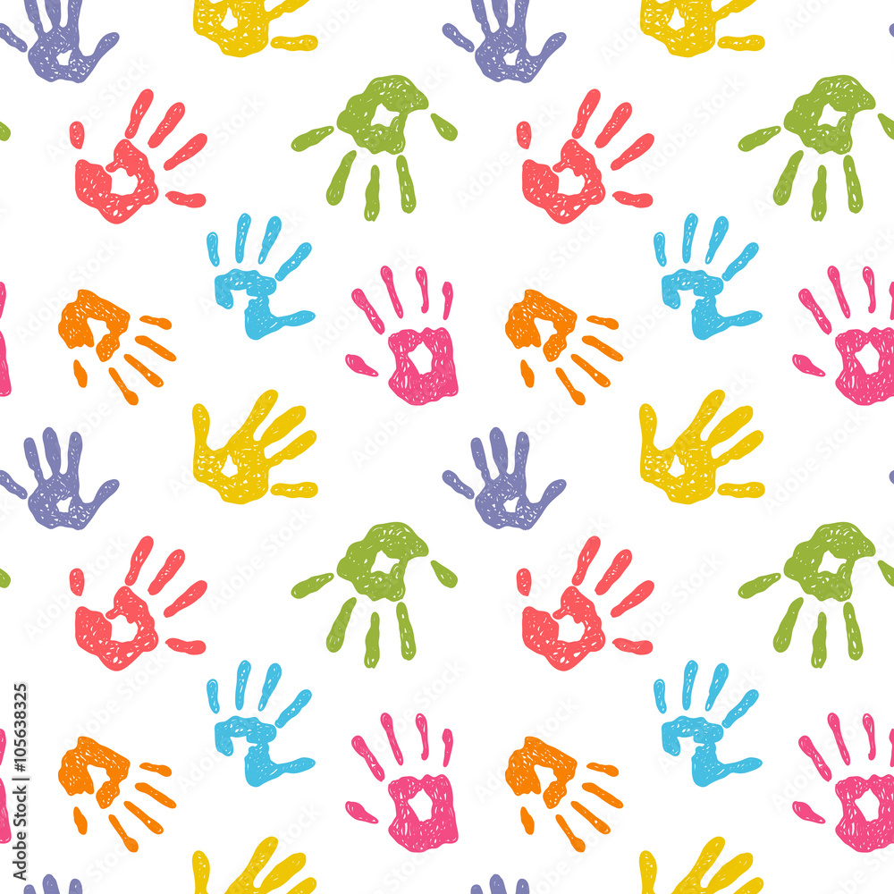 Funny vector seamless background with colorful hand prints