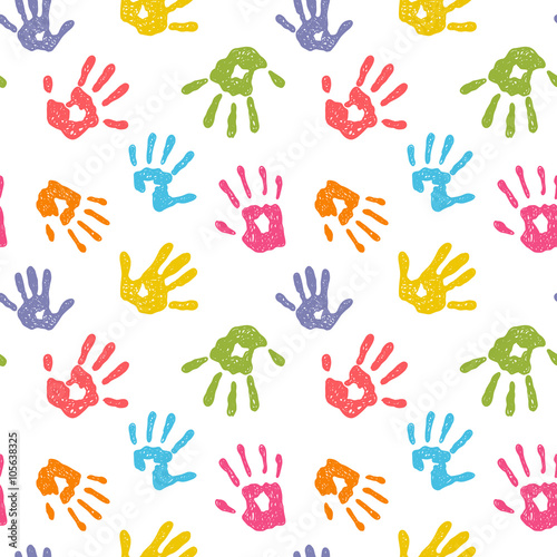 Funny vector seamless background with colorful hand prints