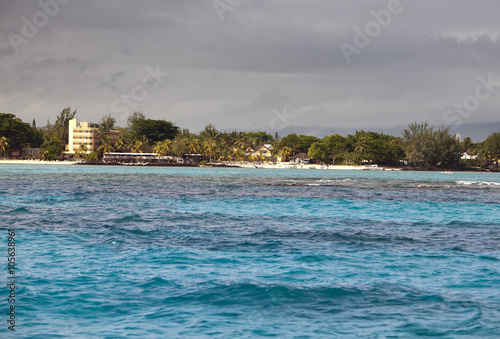 View from side of the sea on the coast. Mauritius...