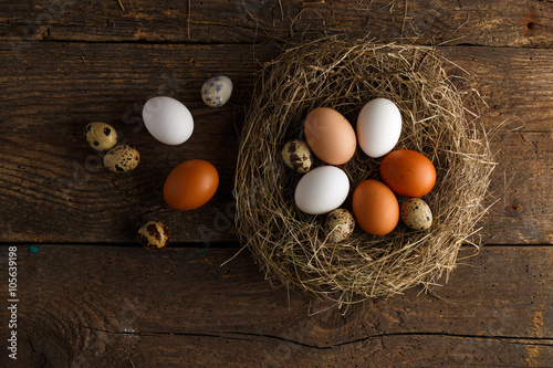Chicken and quail eggs in a nest on a wooden rustic background
