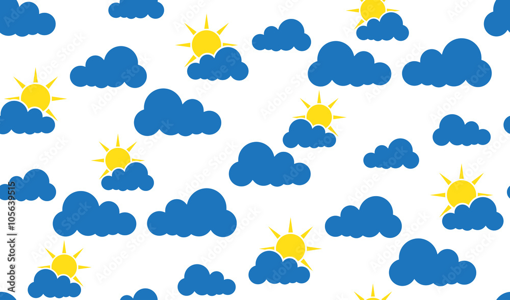 Vector seamless pattern of clouds and sun. Chaotic clouds and the sun