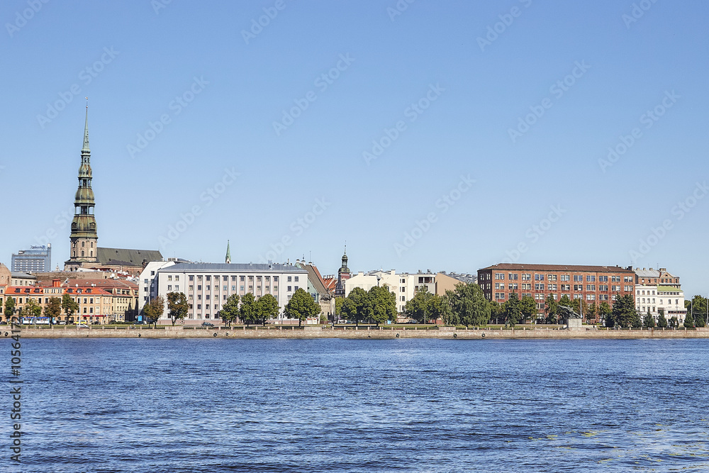Riverside construction of city buildings. Riga. Latvia. Daugava.