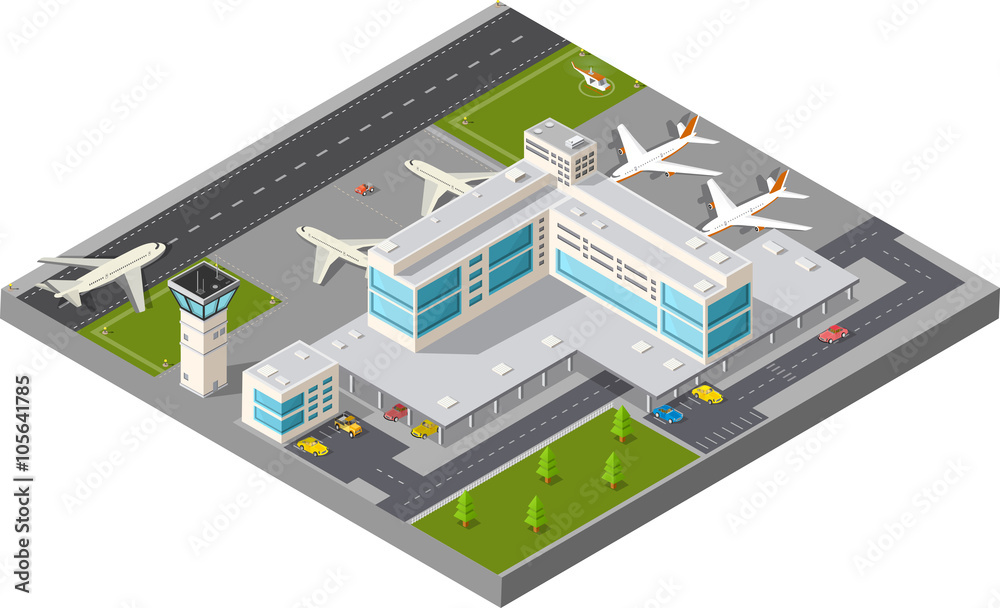 Isometric map of the city airport, the trees and the flight of construction and building, terminal, planes and cars illustration. Isometric map of the city airport, the trees and the flight of construction and building, terminal, planes and cars illustration.