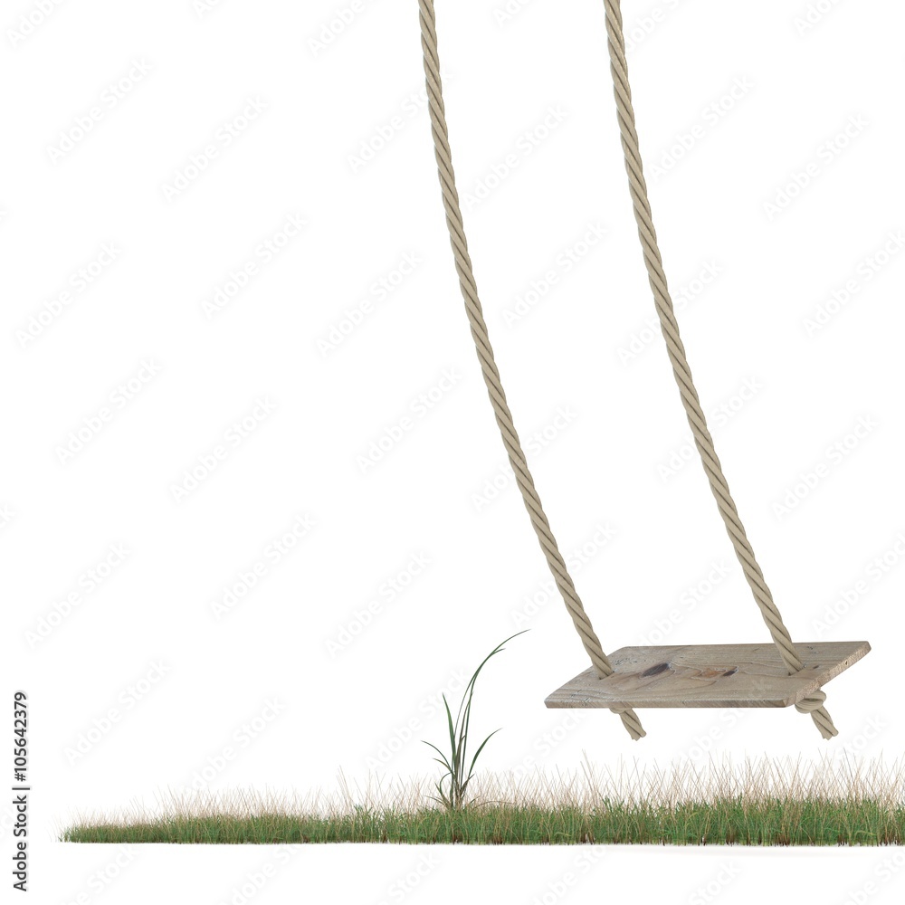 Swing made of rope and a wooden plank over grass ground. 3D render illustration isolated on white background