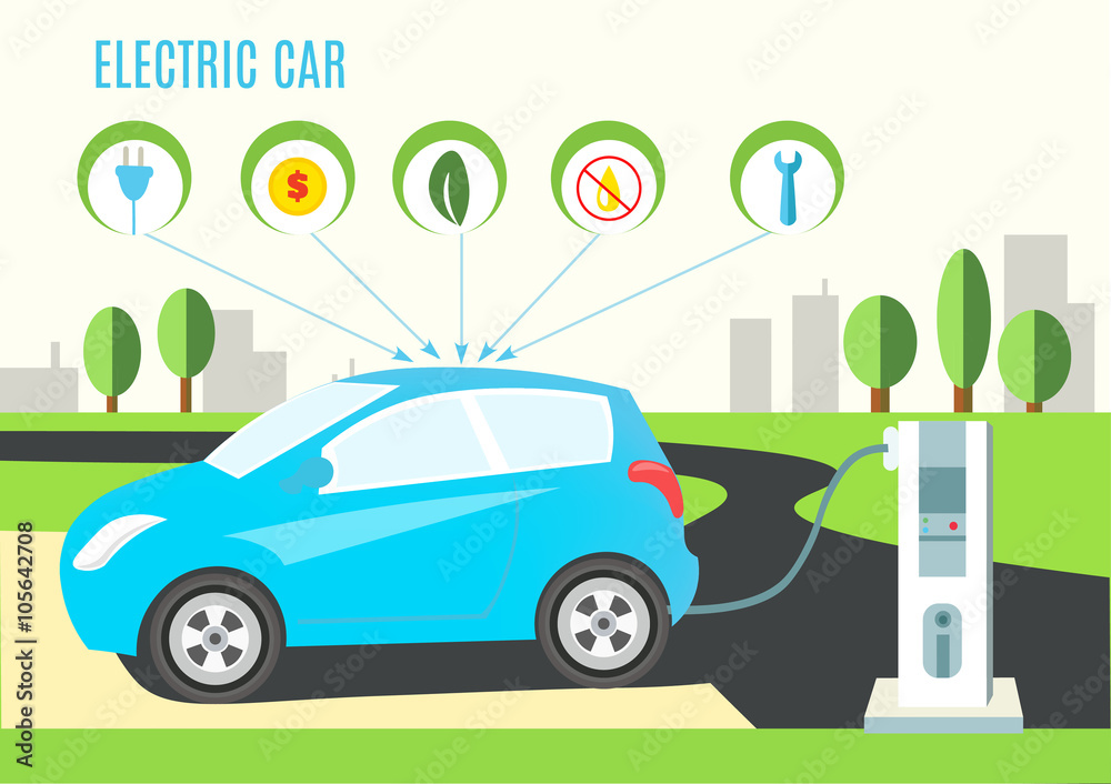 Naklejka premium Electric Blue Hybrid Car Charging Illustration on the Road and City Landscape. Icons with plug, money, eco, oil and wrench. Vector flat style infographic.?