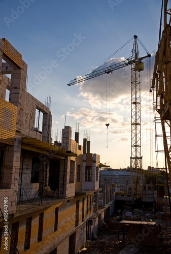 Buildings under construction and crane