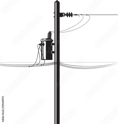 High-voltage electric transformer on a pole and wires