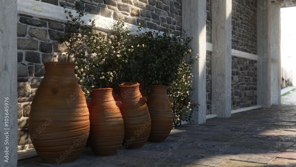 Naklejka premium Ancient street with shadows, pitchers 