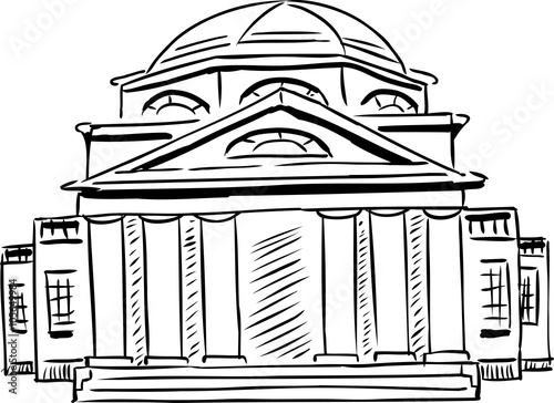 Outlined neoclassical building with obscured doorway