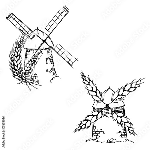hand drawn ink windmill, corn on white background 