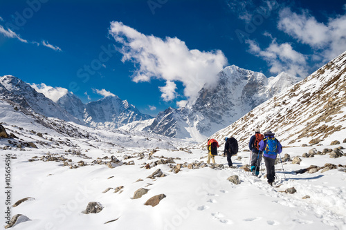 Trekkers and Sherpas going back from Everest Base Camp