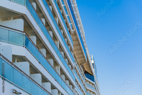 Low angle view of large cruise liner ship walkways