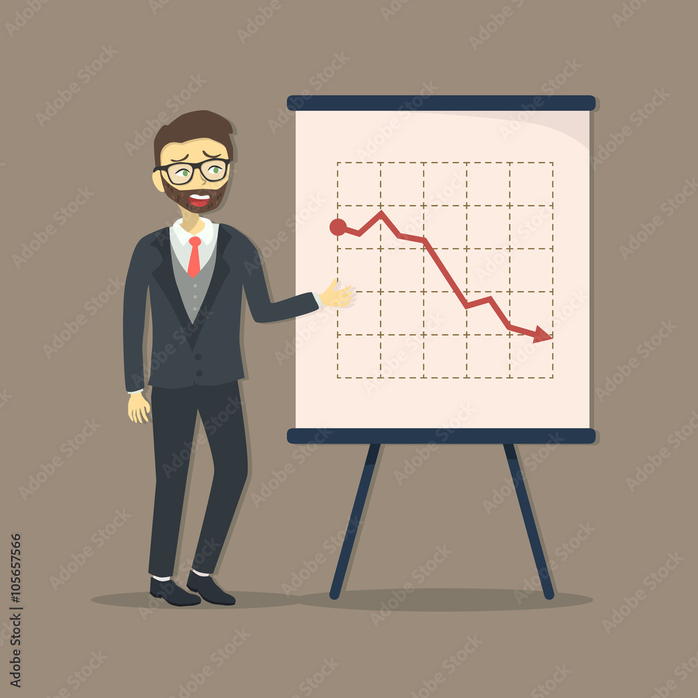 Vector illustration of businessman giving presentation with crisis arrow down and decrease business progress. Vector illustration of businessman giving presentation with crisis arrow down and decrease business progress.