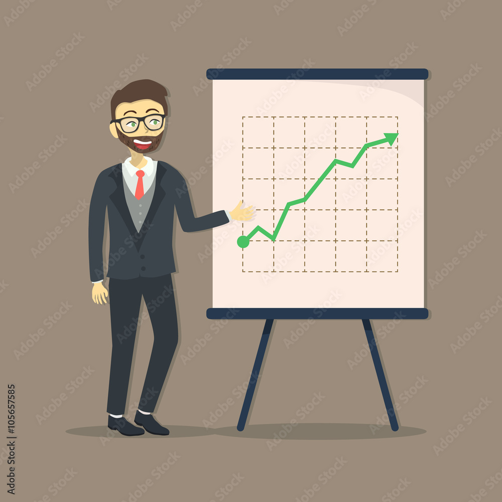 Vector illustration of businessman giving presentation with arrow up and increased business progress. Vector illustration of businessman giving presentation with arrow up and increased business progress.