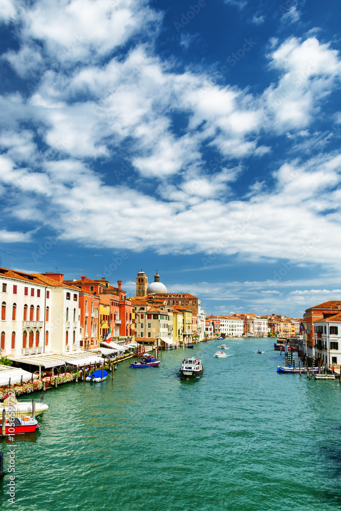 View of the Grand Canal with boats in Venice, Italy