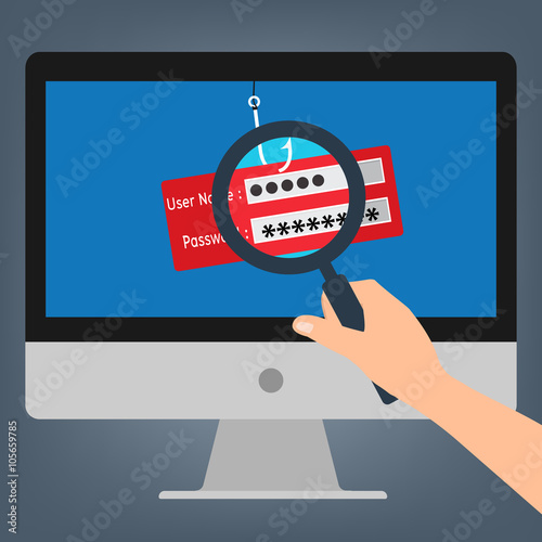 Hand hold magnifying glass found computer with malware virus.