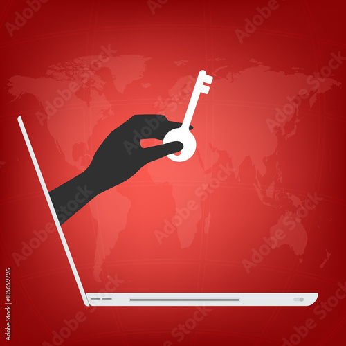 Hand from laptop display with key for locked data in computer
