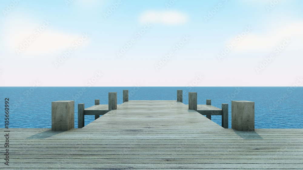 Wood bridge take view sea - 3d render image