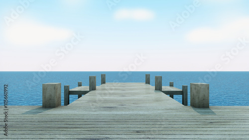 Wood bridge take view sea - 3d render image