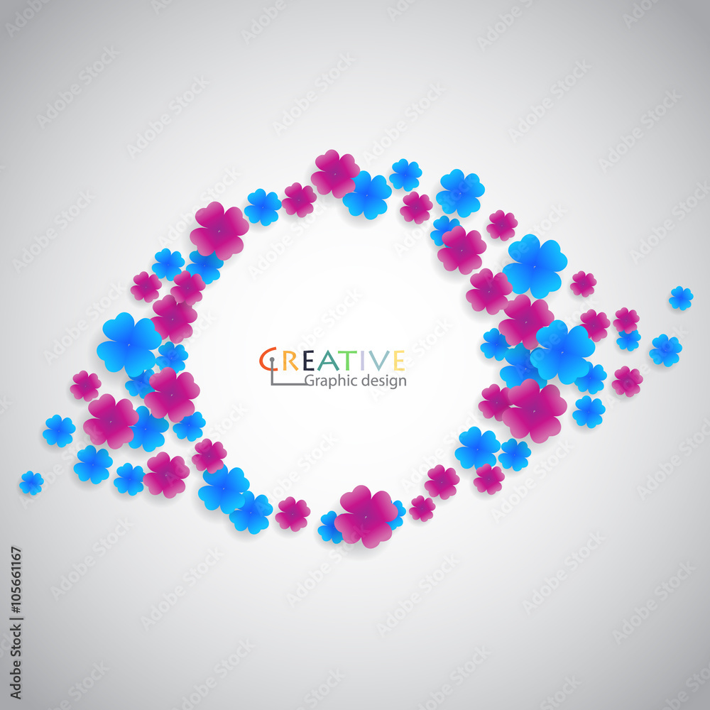 Blue and Pink flowers made a circle. Concept for graphic design