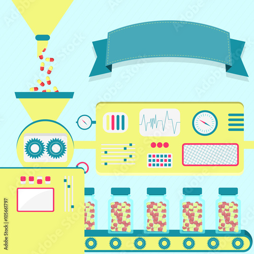 Vector illustration of factory producing pills. Pills being packaged. Empty ribbon for insert text.
