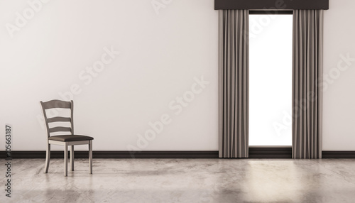 A chair on concrete polished floor with white wall and isolated window, 3d rendered