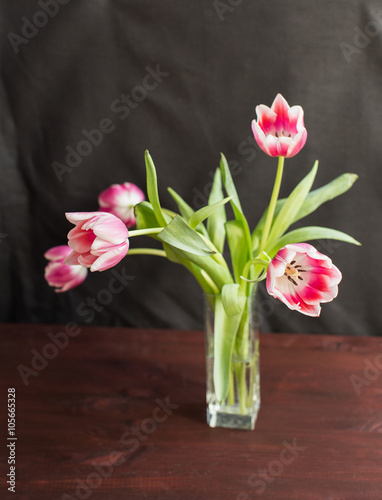pink tulips in vase on wooden background